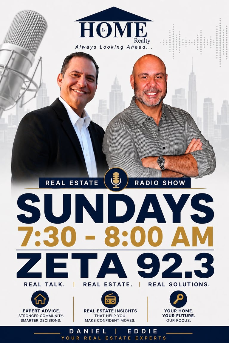HOME Realty Real Estate Radio Show promotional poster featuring two male hosts with broadcast details for Sundays 7:30-8:00 AM on ZETA 92.3