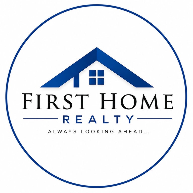 First Home Realty logo with blue house icon and tagline Always Looking Ahead inside circular border